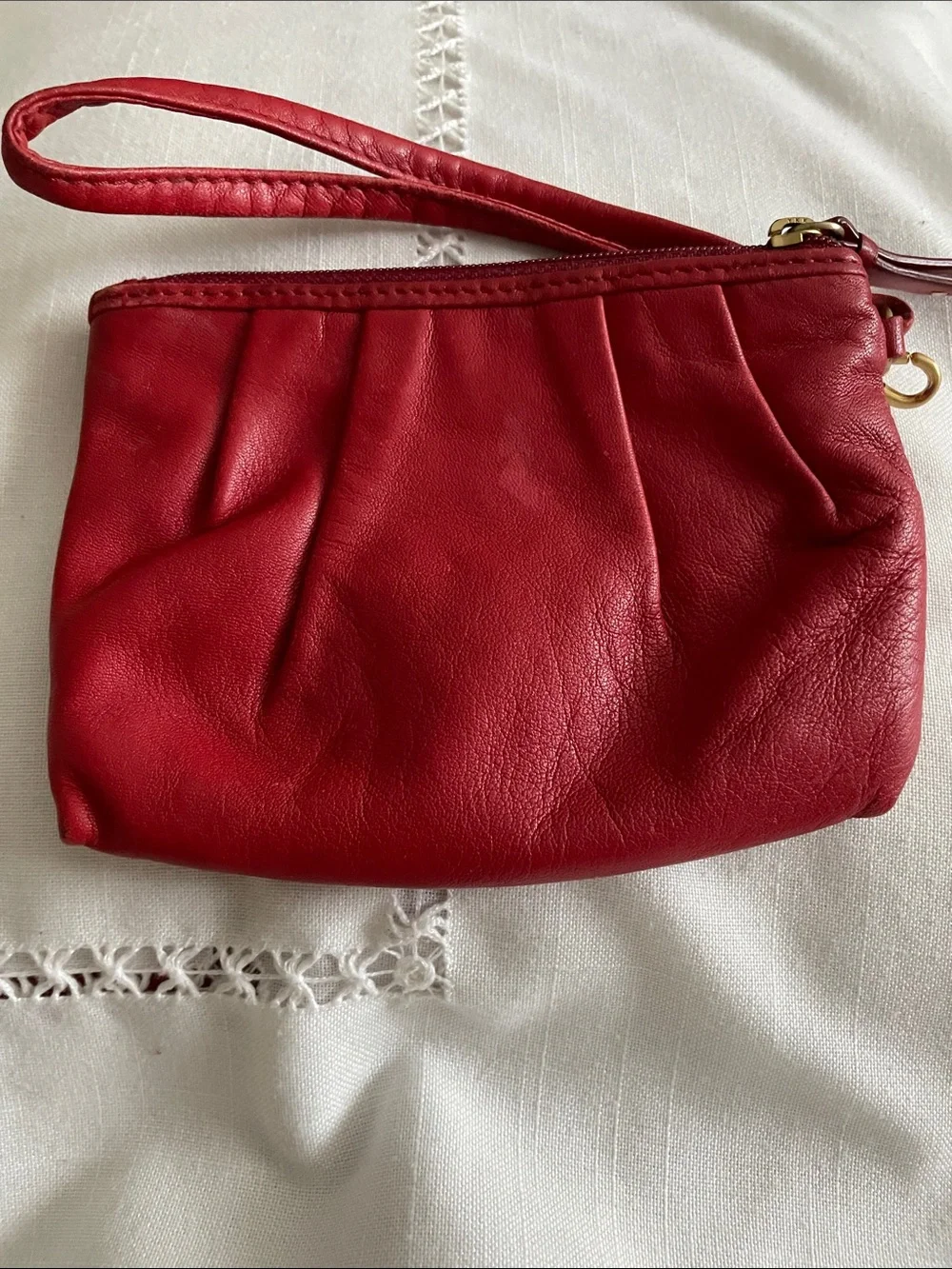 Cole Haan Red Leather Wristlet Clutch with Gold Logo EUC